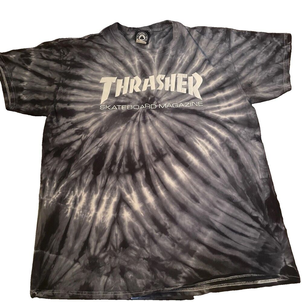 Thrasher Skateboard Magazine Tie Dye Shirt Mens L Black Grey Graphic Tee Grunge